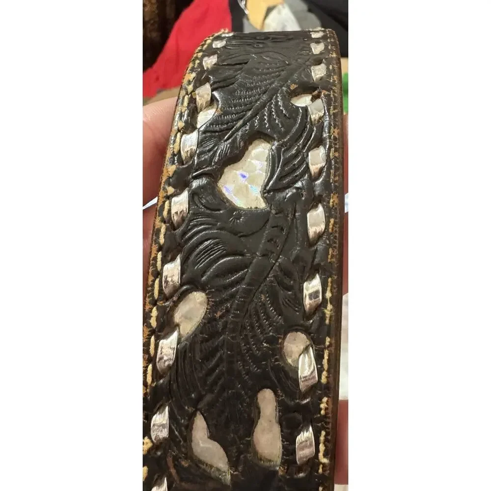 Vtg 70-80s Western Tooled Leather Belt Buckle 32 Buckstitch Pearl Inlay USA Made